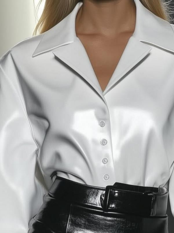 Smart Casual Loose Leather Lapel White Long Sleeve Shirt