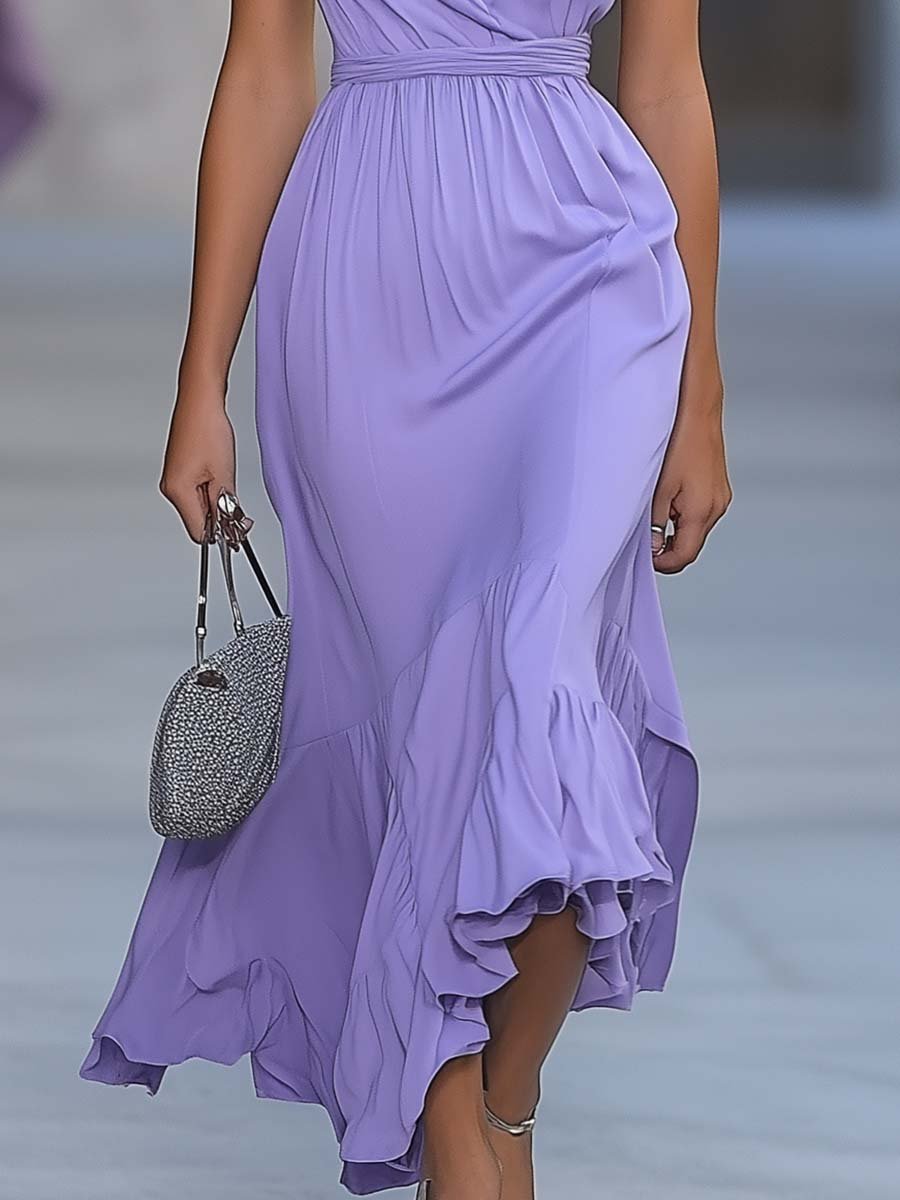 Elegant and Gentle V-neck Sleeveless Light Purple Midi Dress