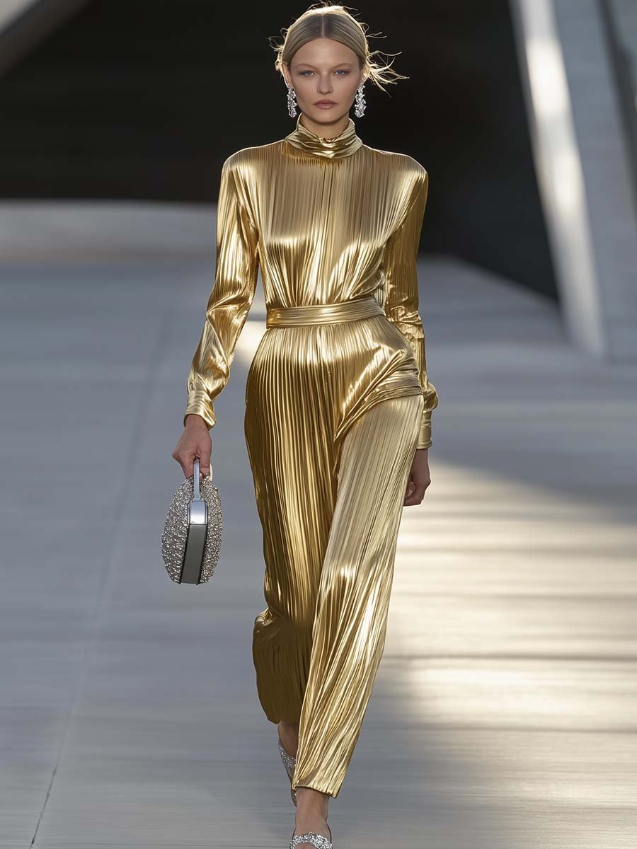 Elegant Personality Half Turtleneck Gold Shiny Pleated Jumpsuit