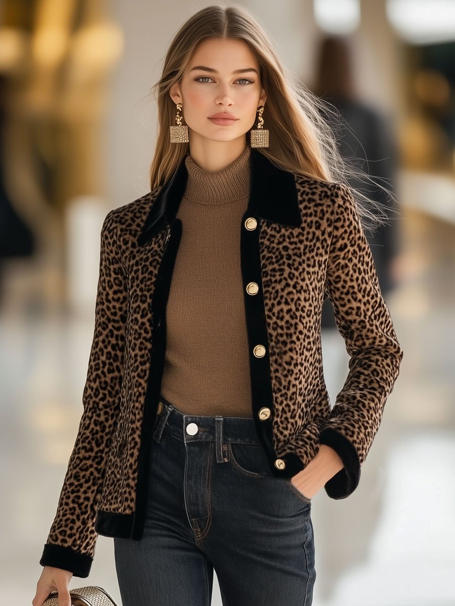 Casual Loose Vintage Velvet Leopard Print Black Trim Single-Breasted Coat