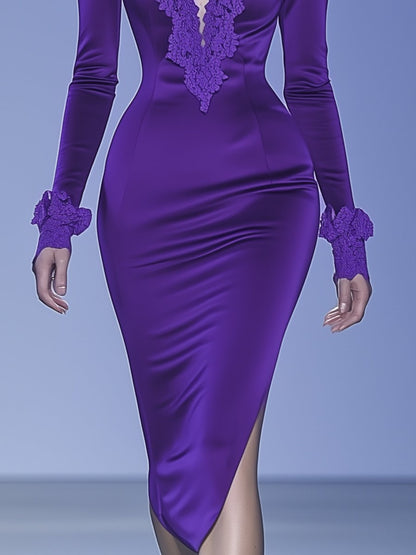 Fashionable Sexy Purple V-neck Lace Satin Long-sleeved Midi Dress