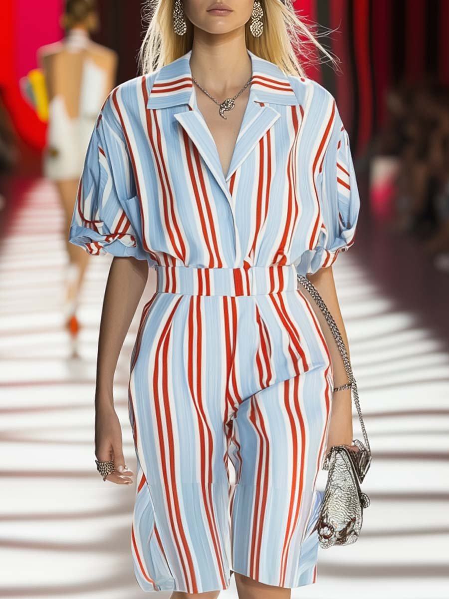 Fashion Personality Shirt-style Short Sleeve Striped Short Jumpsuit