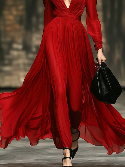 Classic Chiffon V-Neck Red Long Sleeve Maxi Dress