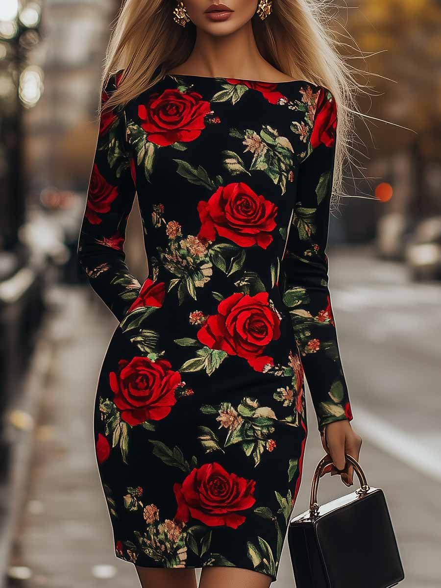 Elegant and Bright Straight Collar Rose Print Mini Dress