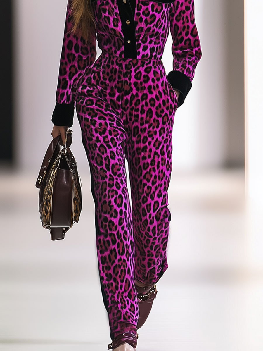 Casual Loose Retro Velvet Leopard Print Long Sleeve Hooded Jumpsuit