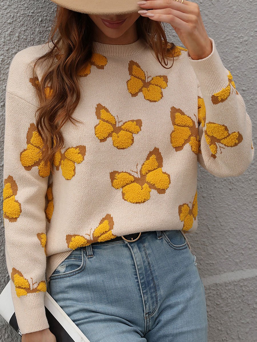 Butterfly Jacquard Round Neck Loose Knitted Pullover Sweater