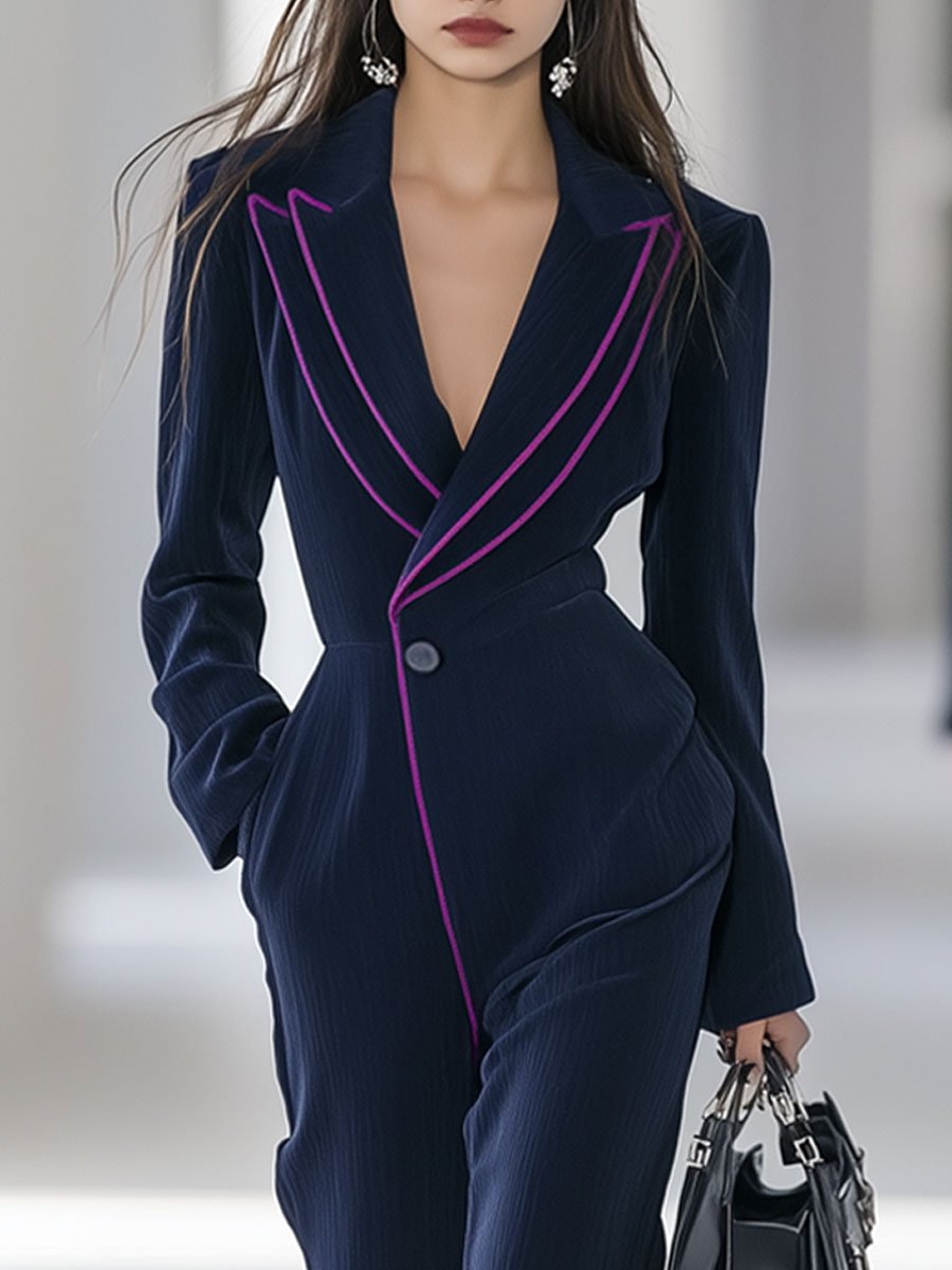 Casual Loose Retro Wick Double-Sided Lapel Contrast Stripe Jumpsuit