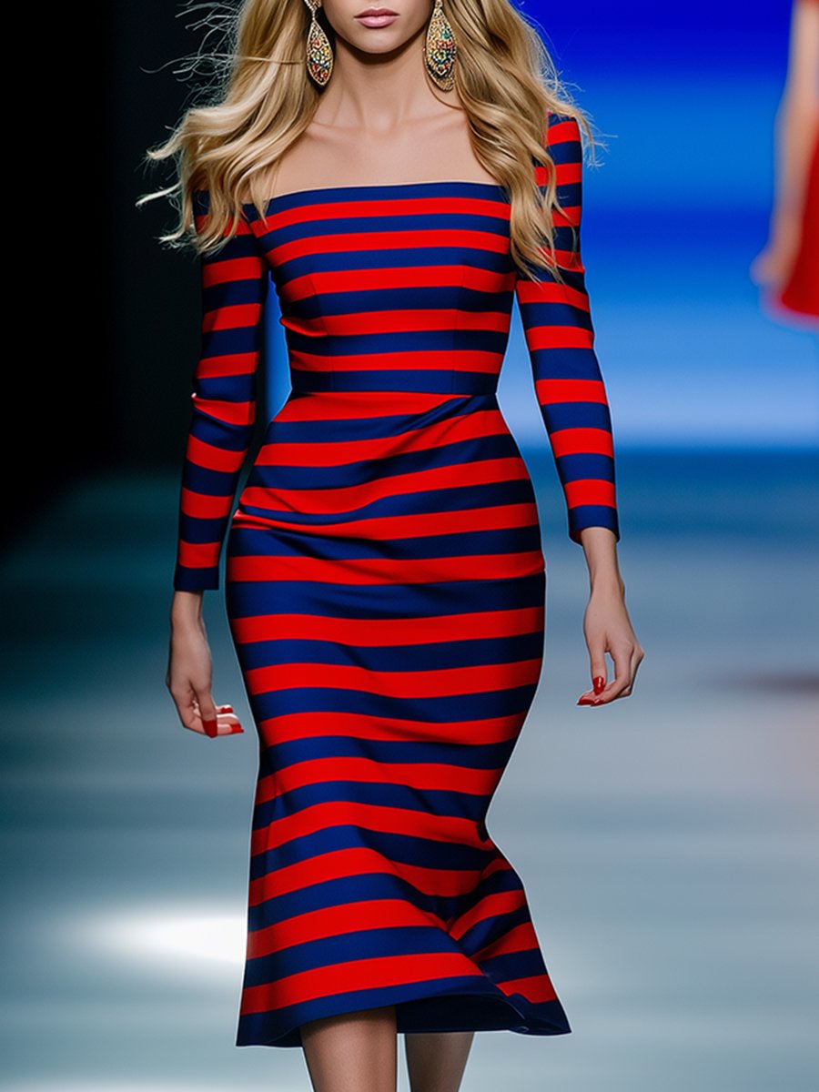 High-end Elegant Red and Blue Striped Square Neck Midi Dress