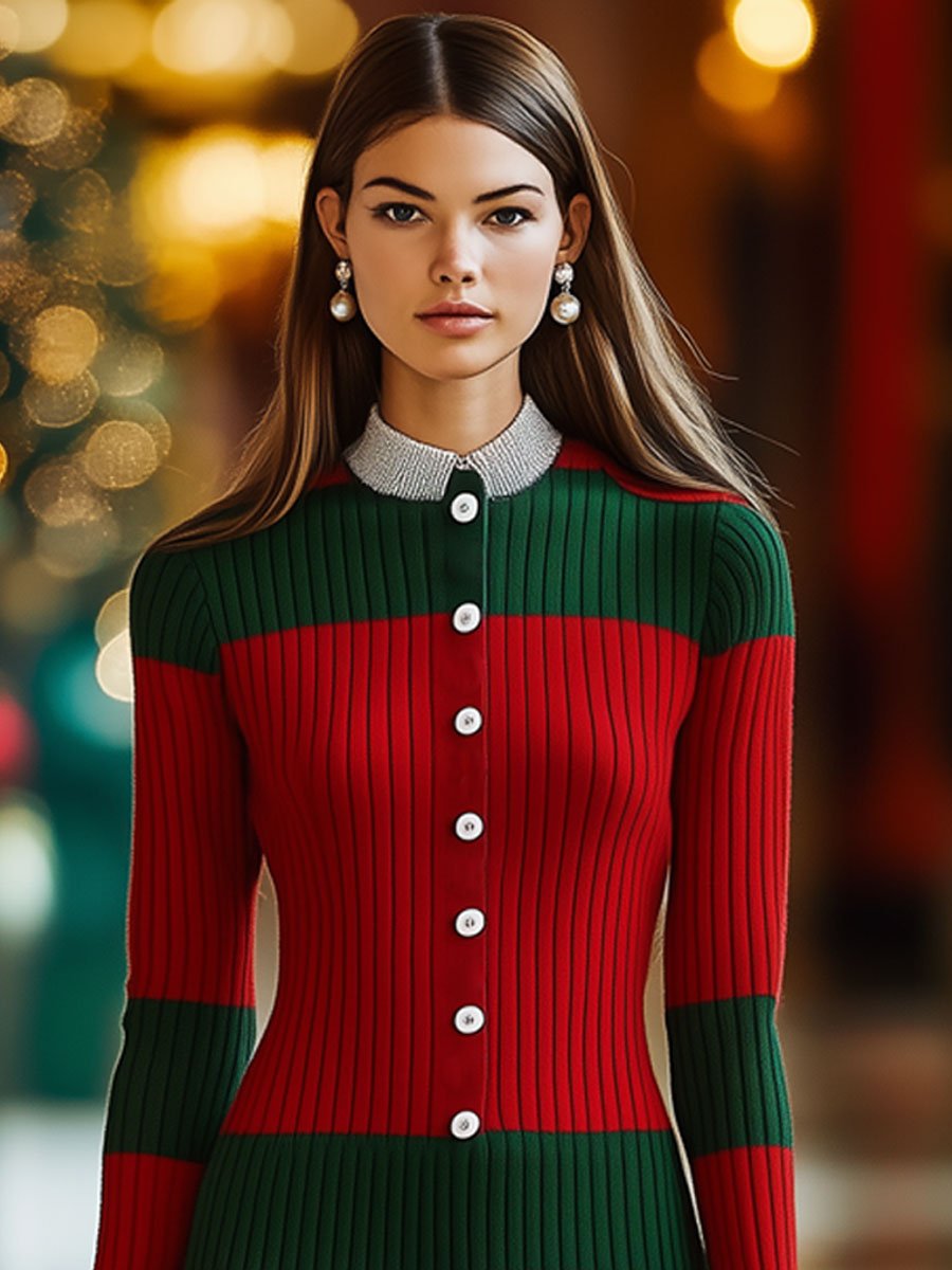 Fashion Retro Woolen Red And Green Striped Long-Sleeved Mini Dress