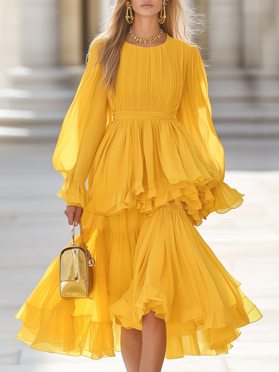 Elegant Multi-Layered Ruffled Yellow Chiffon Midi Dress