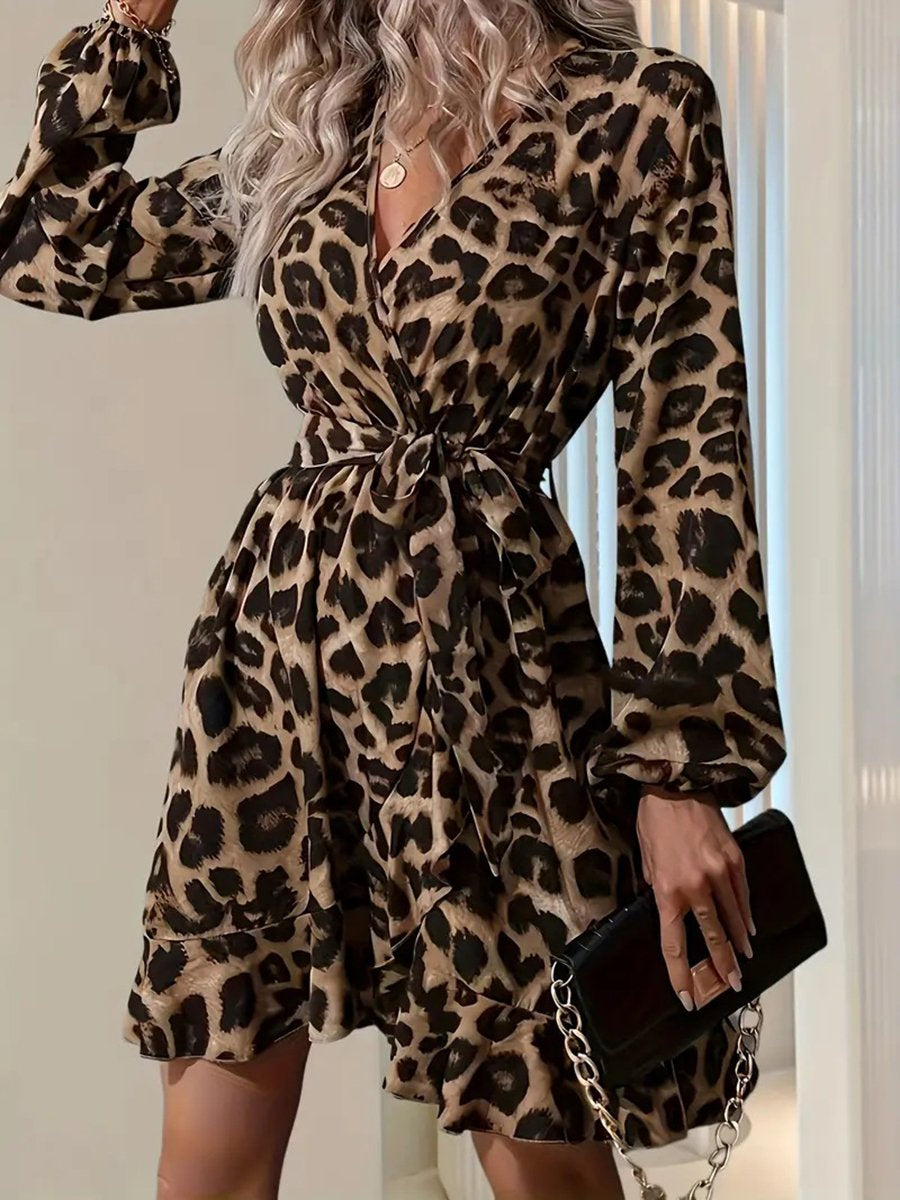 Leopard Print V-neck High Waist Tie Irregular Mini Dress