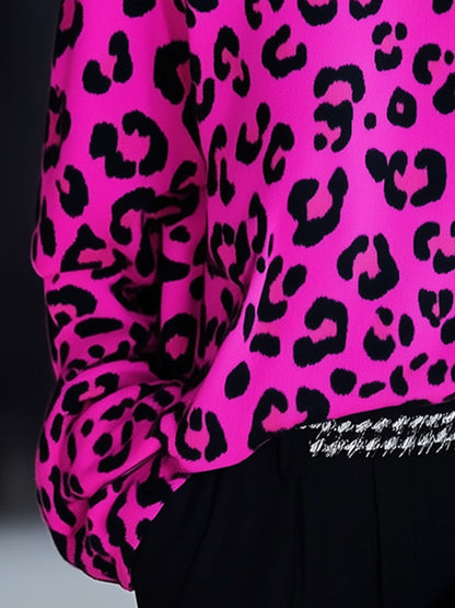 Casual Loose Fashion Bright Pink Leopard Print Sweatshirt