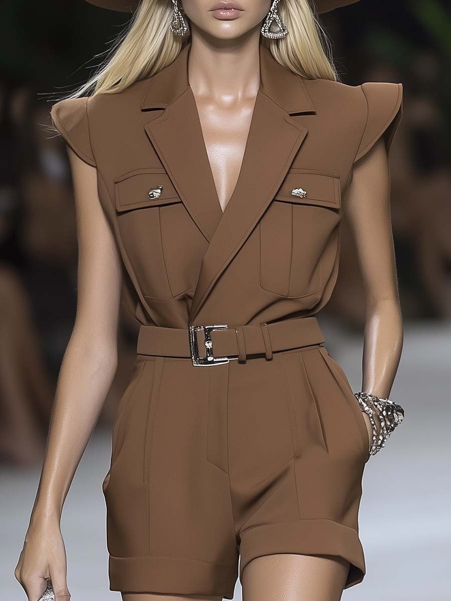 Personalized Sleeveless Belted Shoulder Pad Suit-style Brown Short Jumpsuit