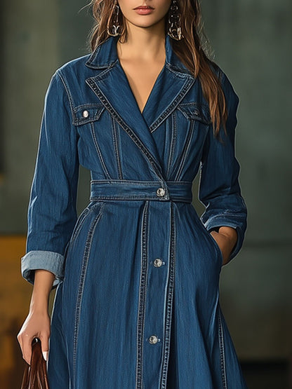 Casual Loose Retro Pocket Dress Style Denim Trench Coat