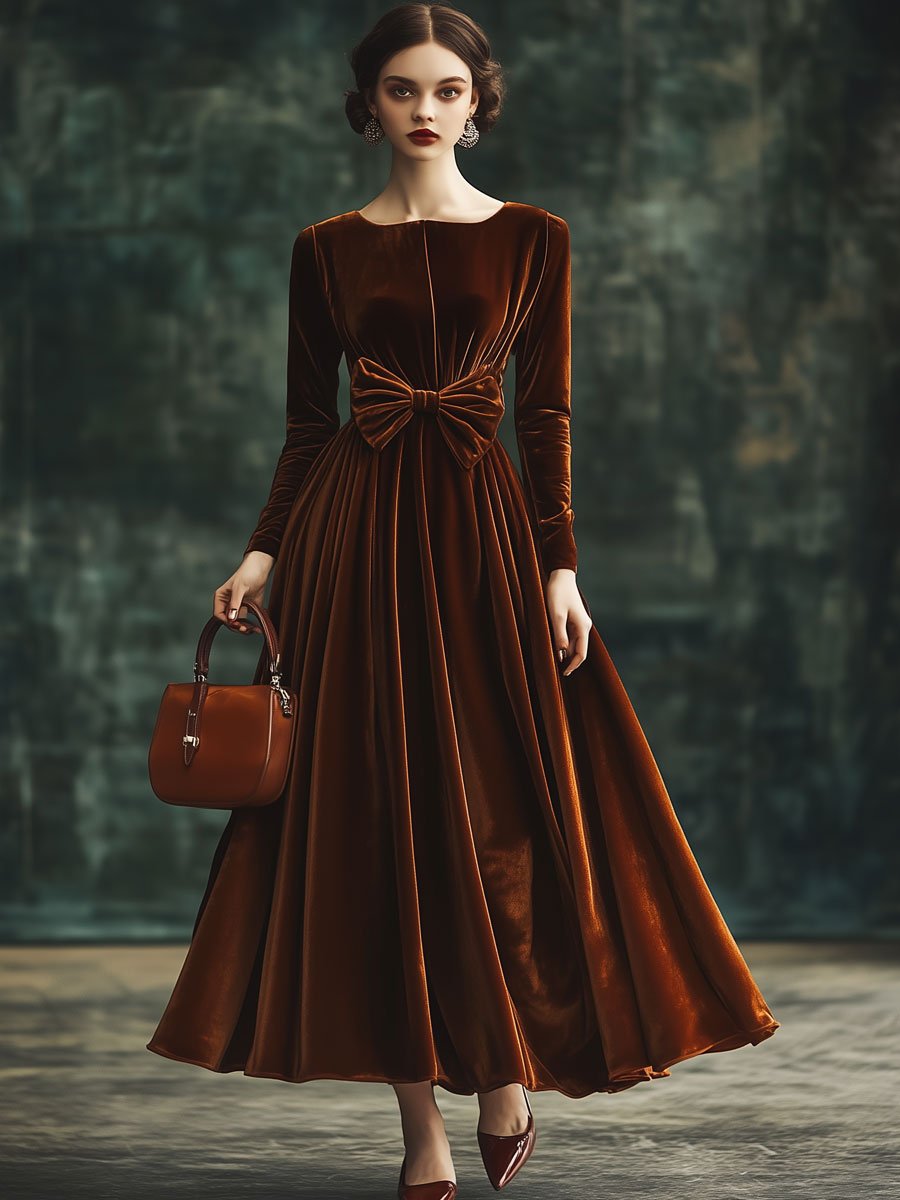 Fashion Party Solid Color Velvet Square Neck Bowknot Long Sleeve Maxi Dress