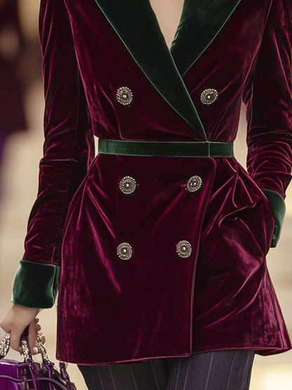 Casual Loose Retro Velvet Burgundy And Green Stitching Suit Lace-Up Coat