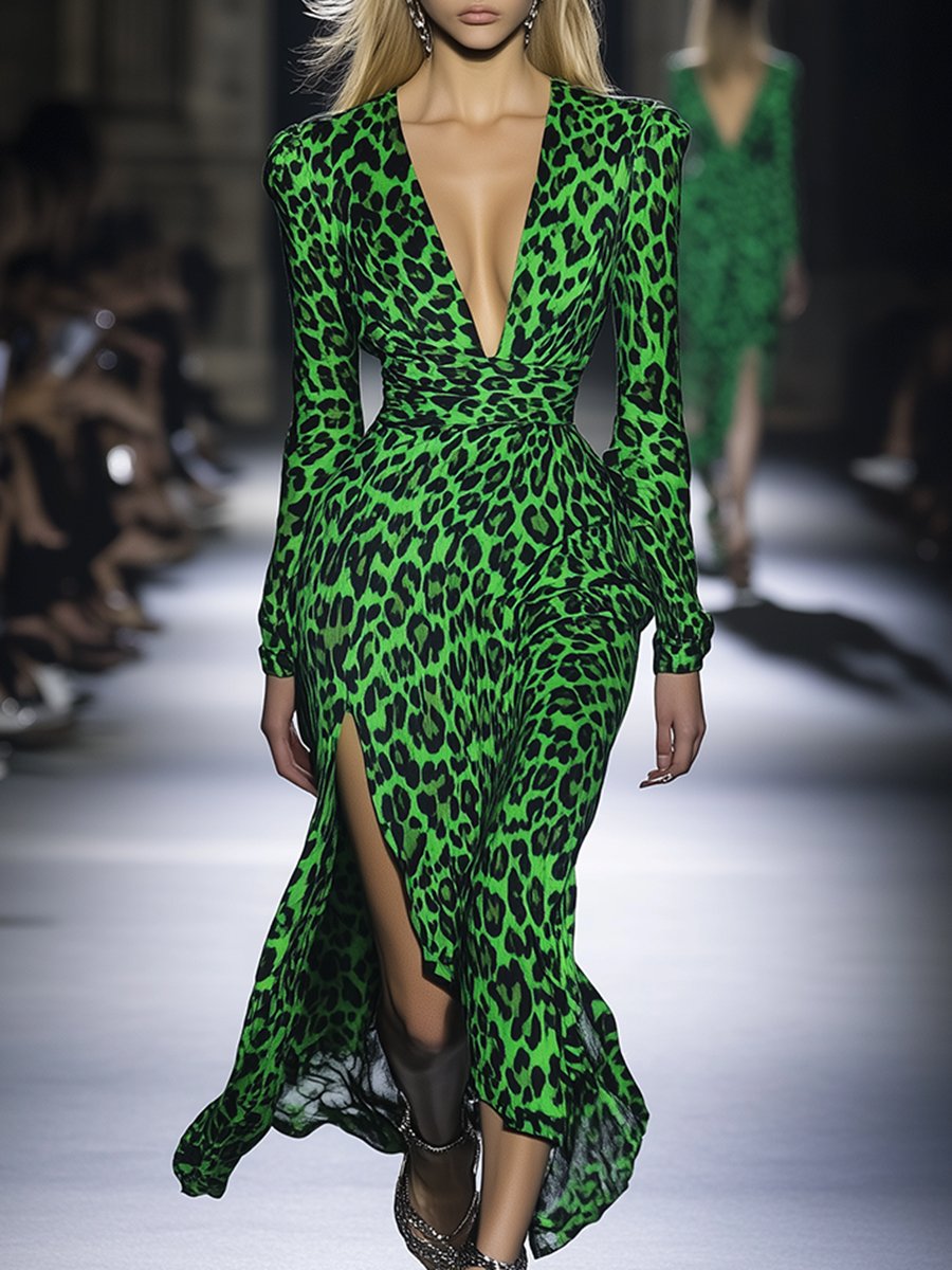 High-End Fashionable V-Neck Slit Green Leopard Print Midi Dress