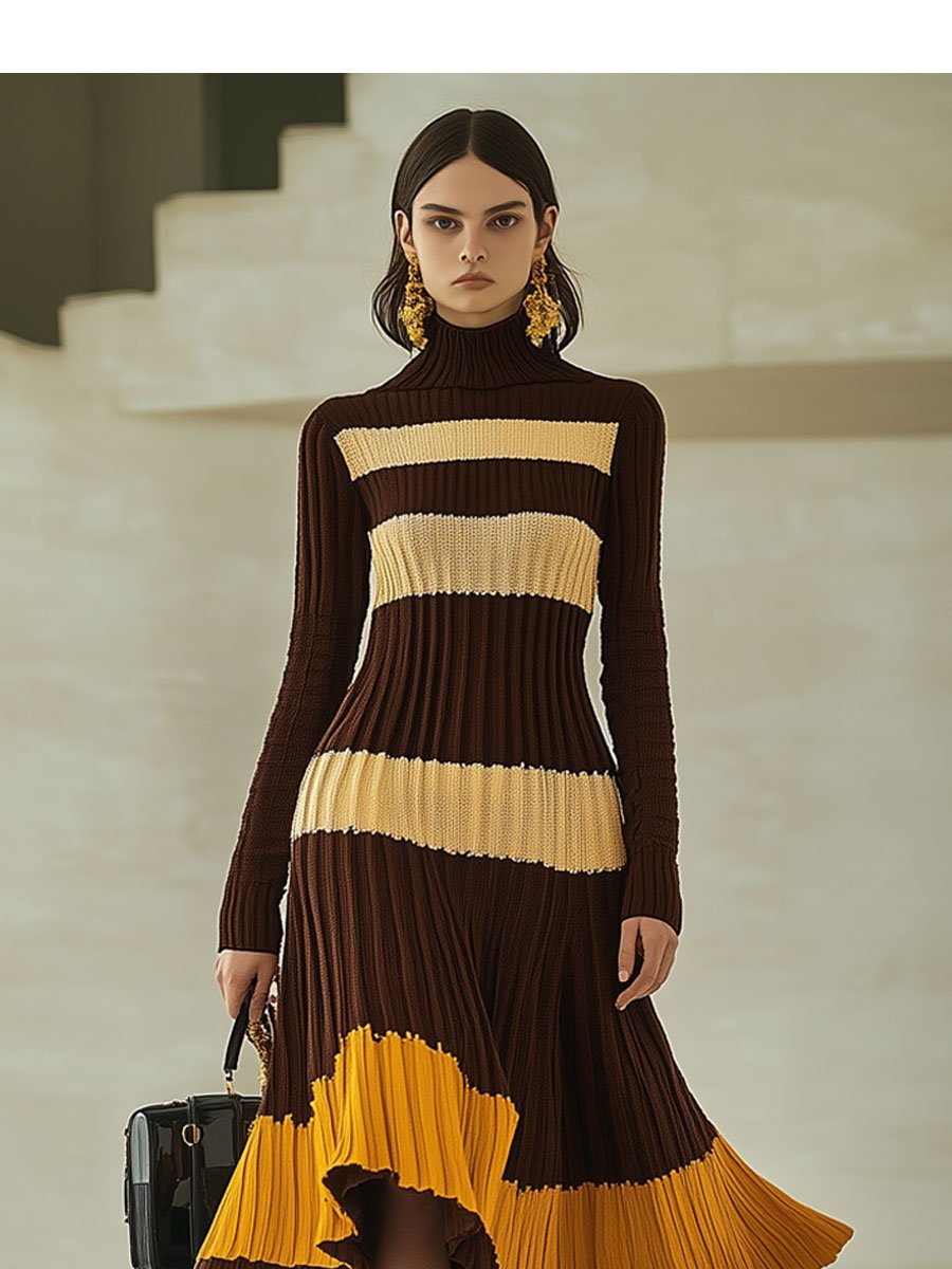 Fashion Retro Striped Knitted Turtleneck Long Sleeve Midi Dress