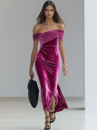 Fashion Retro Pink Velvet Off-the-shoulder Midi Dress