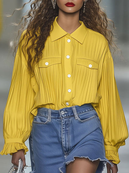 Loose Fashion Pleated Yellow Long Sleeve Blouse