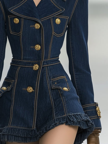 Classic and Playful Large Lapel Ruffled Hem Waist Denim Mini Dress