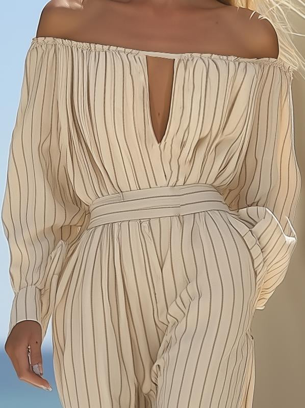 Casual One-Shoulder Apricot Striped Long-Sleeved Jumpsuit