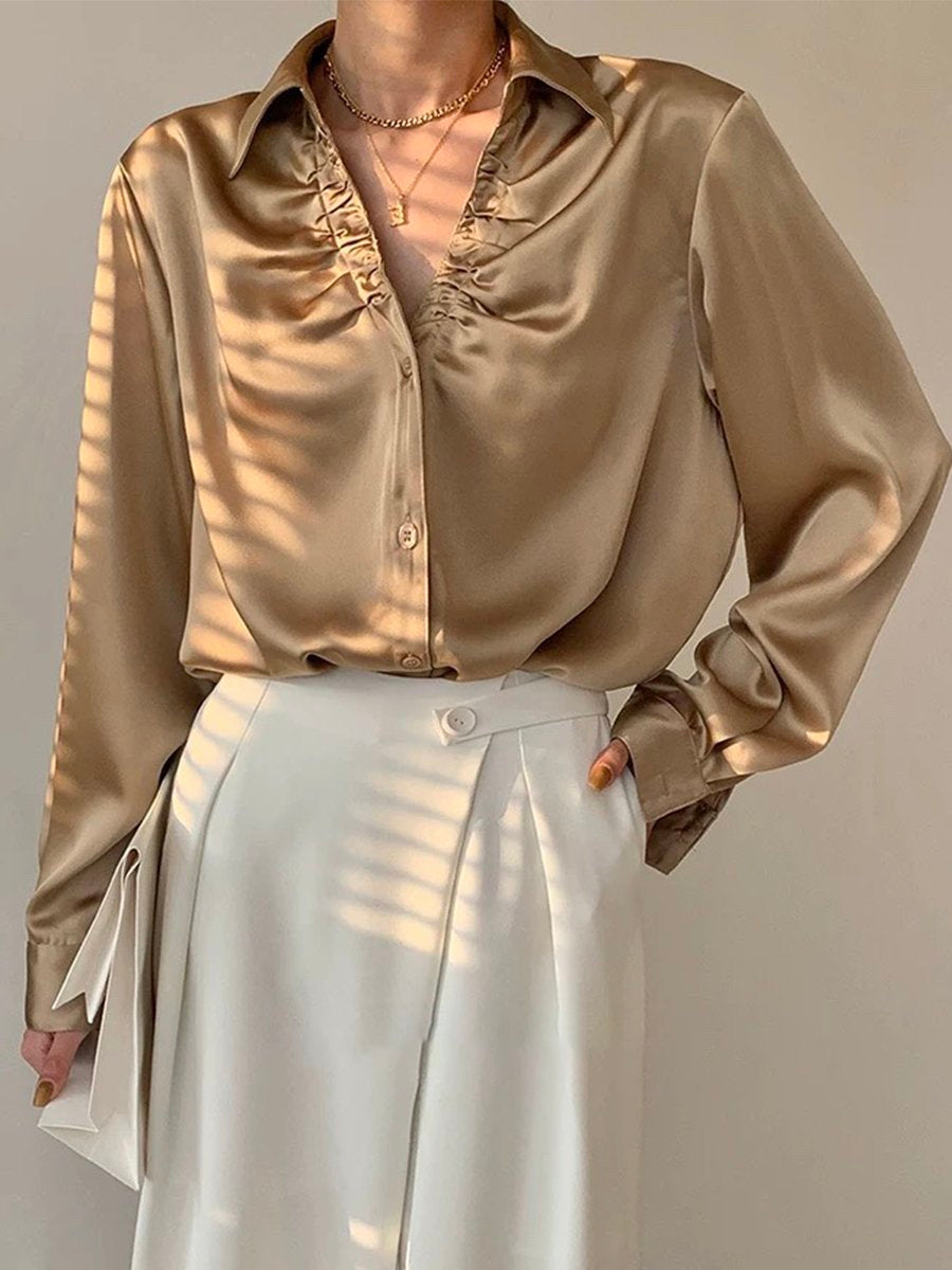 Elegant V-Neck Pleated Satin Long-Sleeved Shirt