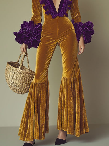 Fashion Party Purple Ruffle Long Sleeve Flared Gold Velvet Jumpsuit