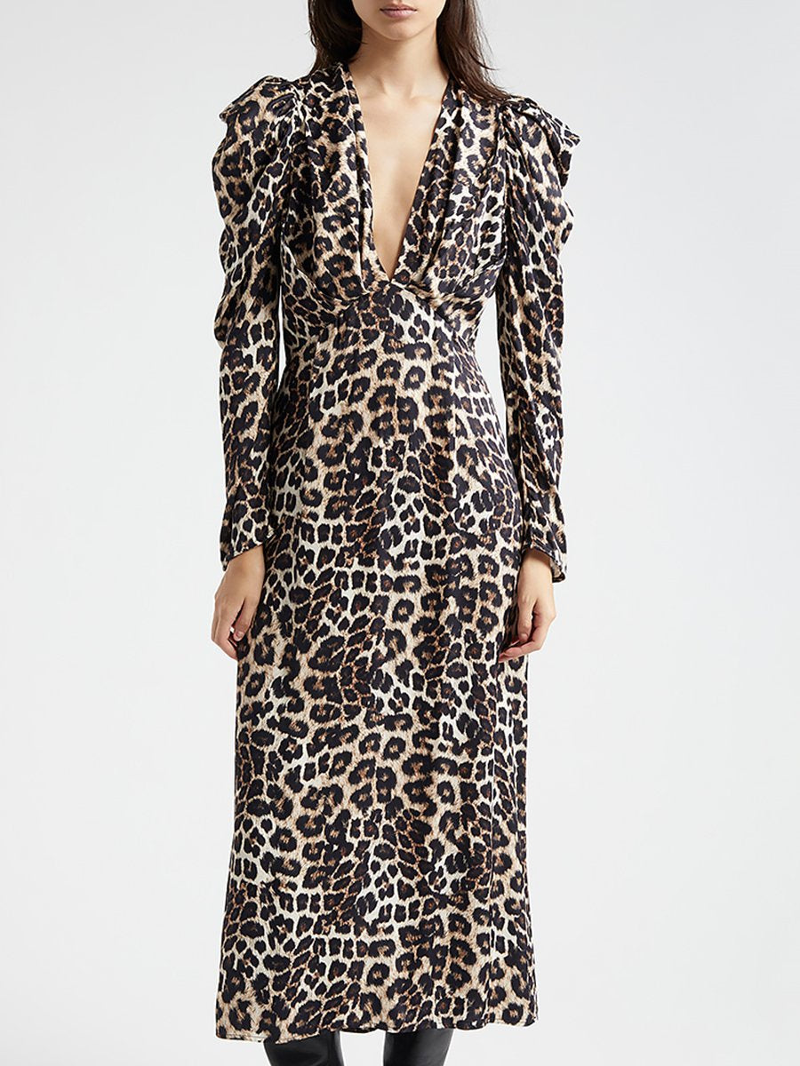 Retro Elegant Fashion Puff Sleeve V-Neck Leopard Print Maxi Dress