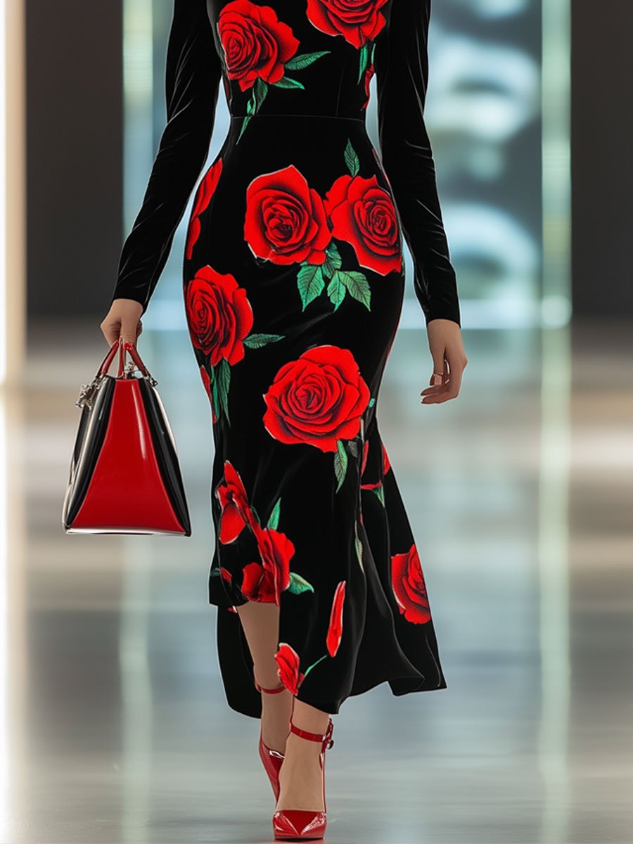 Fashion Retro Black Velvet Red Rose Print Long Sleeve Maxi Dress