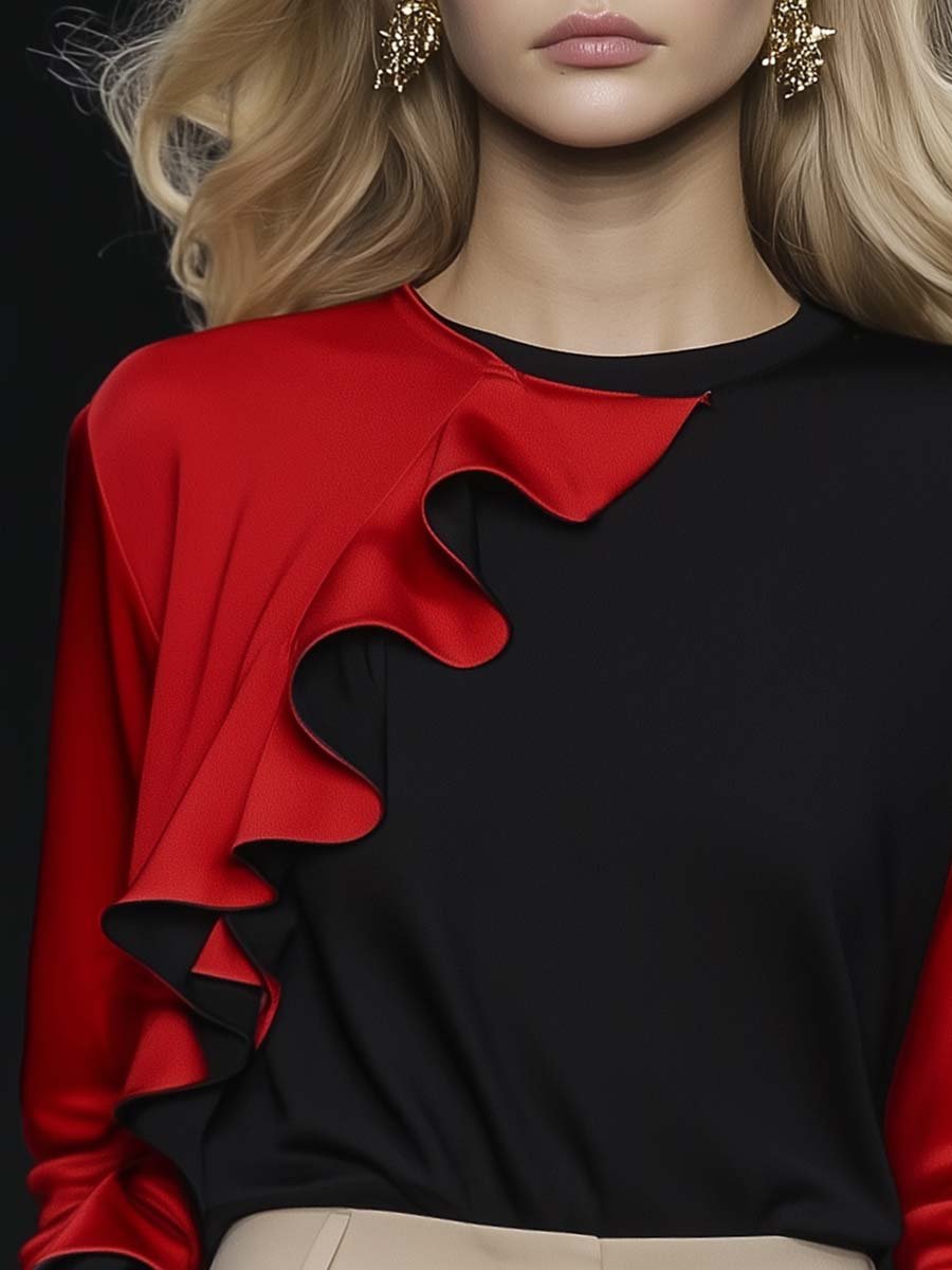 Elegant and Fashionable Round Neck Black and Red Contrast Ruffled T-shirt