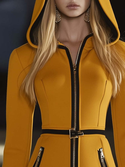 Fashionable Hooded Collar Zipper Coat Style Yellow Mini Dress