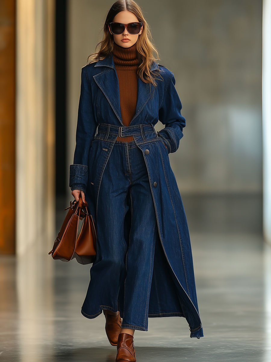 Casual Loose Retro Lace-Up Ultra-Long Dark Blue Denim Trench Coat