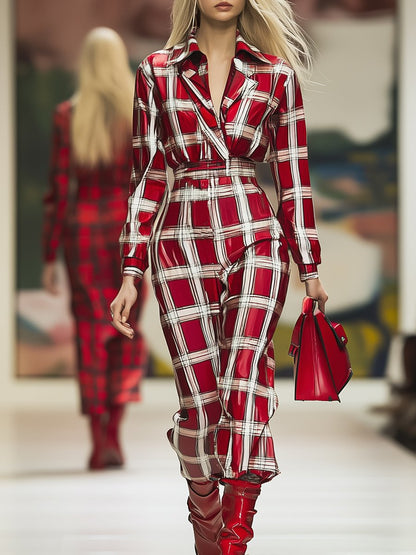 Fashionable Red Plaid Satin Long Sleeve Jumpsuit