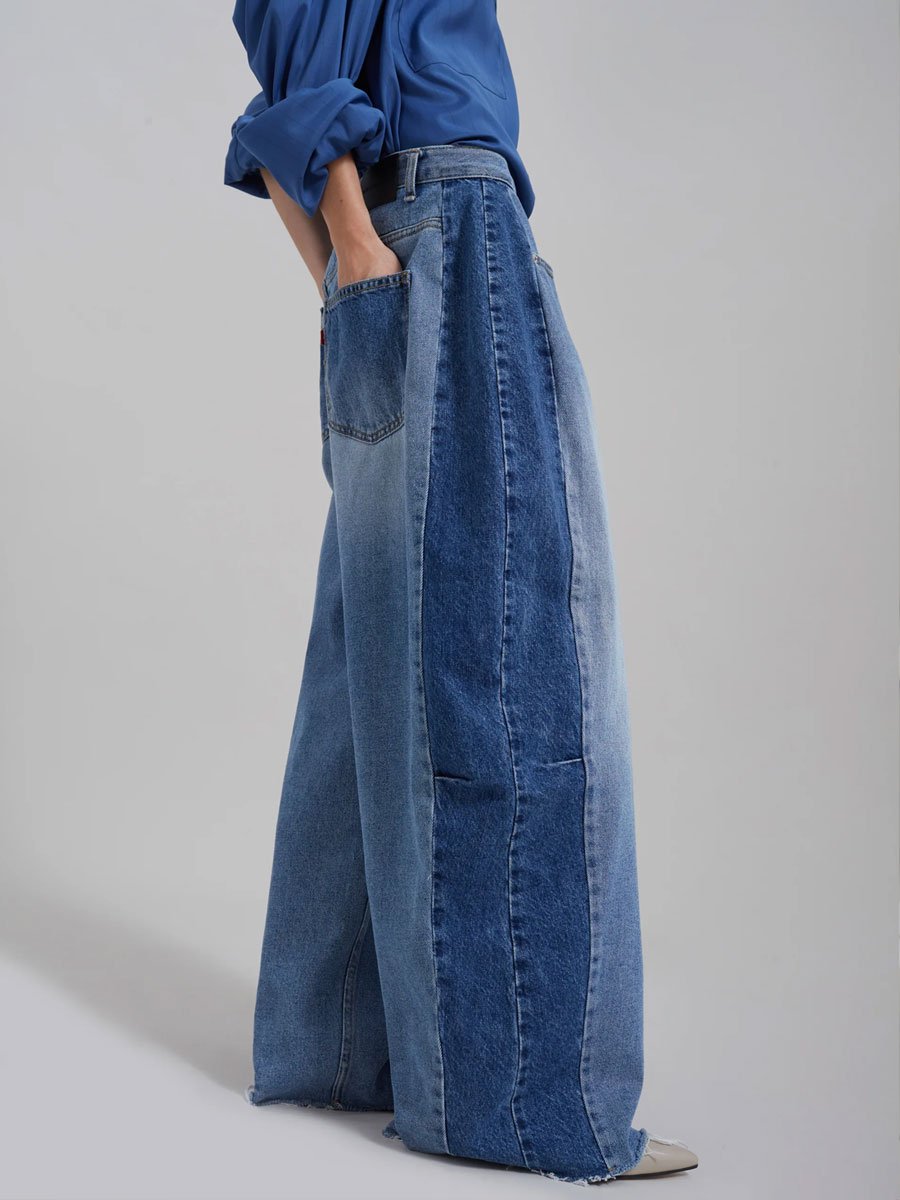 Casual Loose Retro Colorblock Wide-Leg Jeans