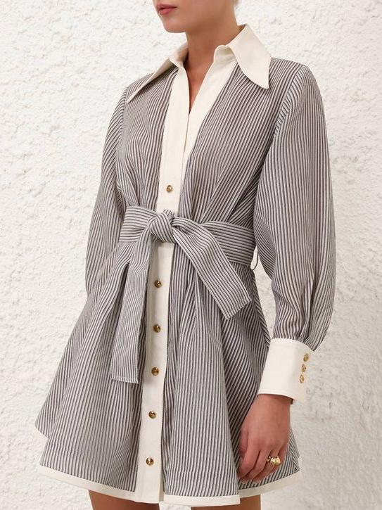 Classic Cotton Lapel Striped Shirt Mini Dress