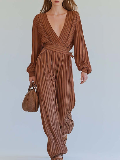 Casual Fashion V-neck Brown Striped Pleated Jumpsuit