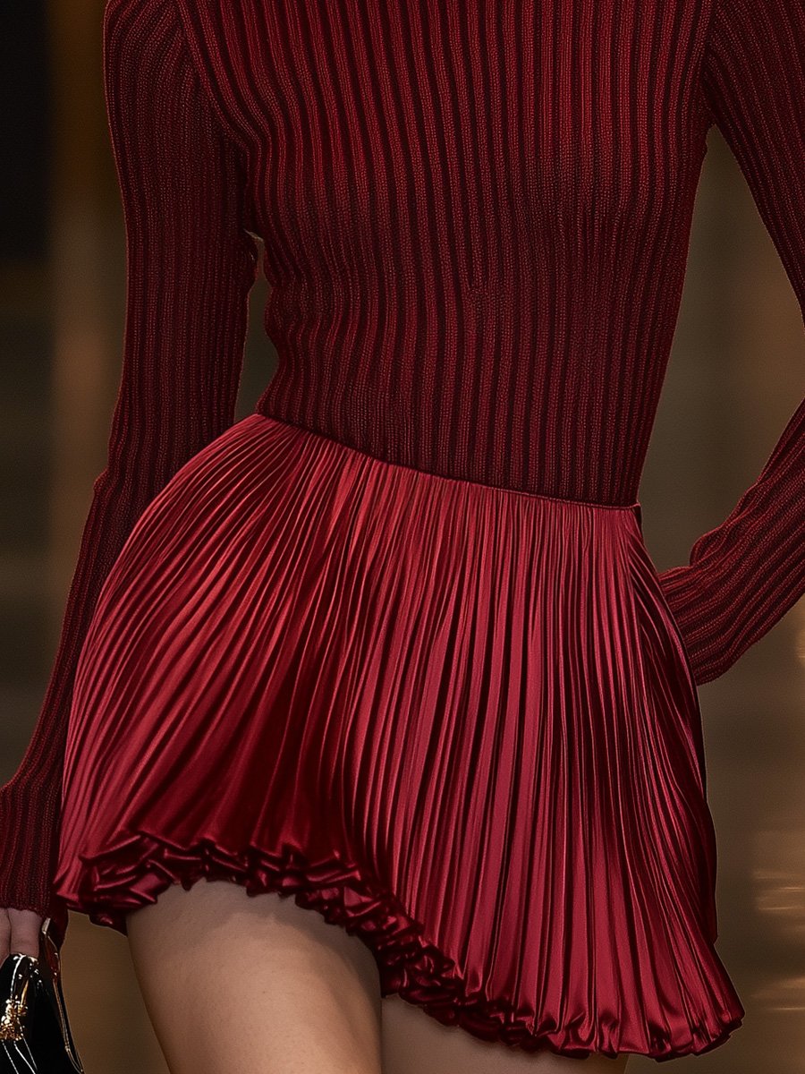 Charming and Playful Burgundy Turtleneck Knit Top with Satin Pleated Mini Dress