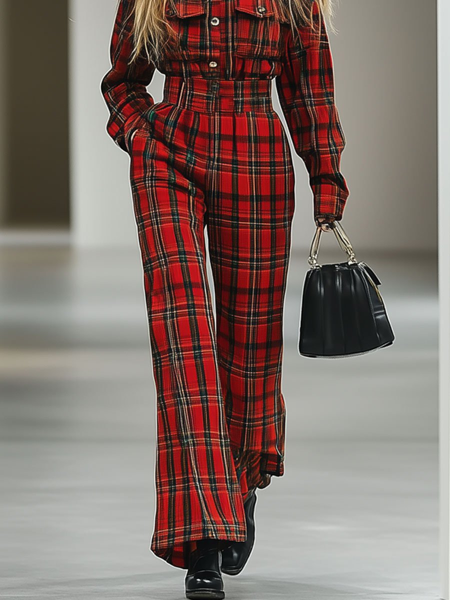 Casual Loose Retro Woolen Red And Green Plaid Multi-Pocket Long-Sleeved Jumpsuit