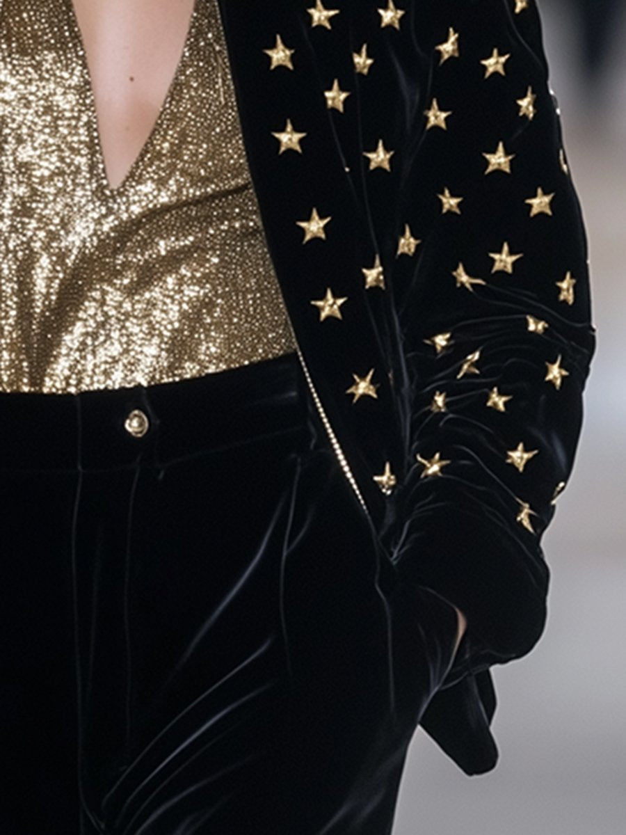 High-End Fashion Gold Star Polka Dot Velvet Baseball Jacket