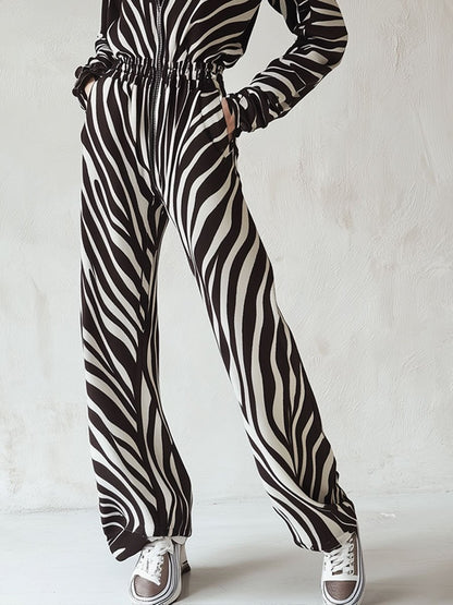 Casual Loose Vintage Velvet Zebra Print Pocket Zipper Jumpsuit