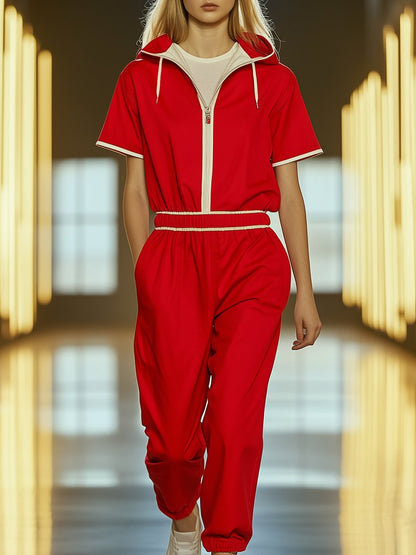 Fashionable and casual sportswear white half-zip red short sleeve hooded jumpsuit