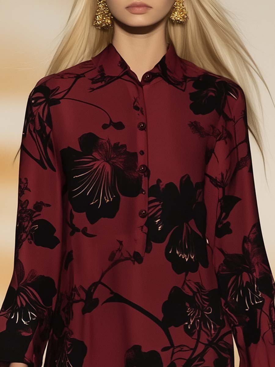 Personalized Plum Blossom Print Wine Red Loose Shirt-style Mini Dress