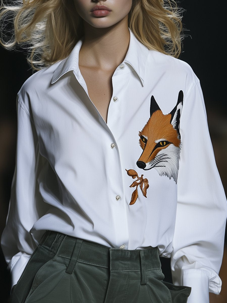 Casual Loose Fashionable Fox Embroidered Shirt