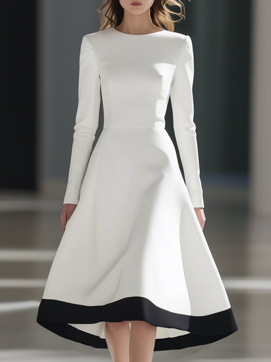 【24-hour shipping out】French Elegant Temperament Simple A-Line Black And White Contrast Midi Dress