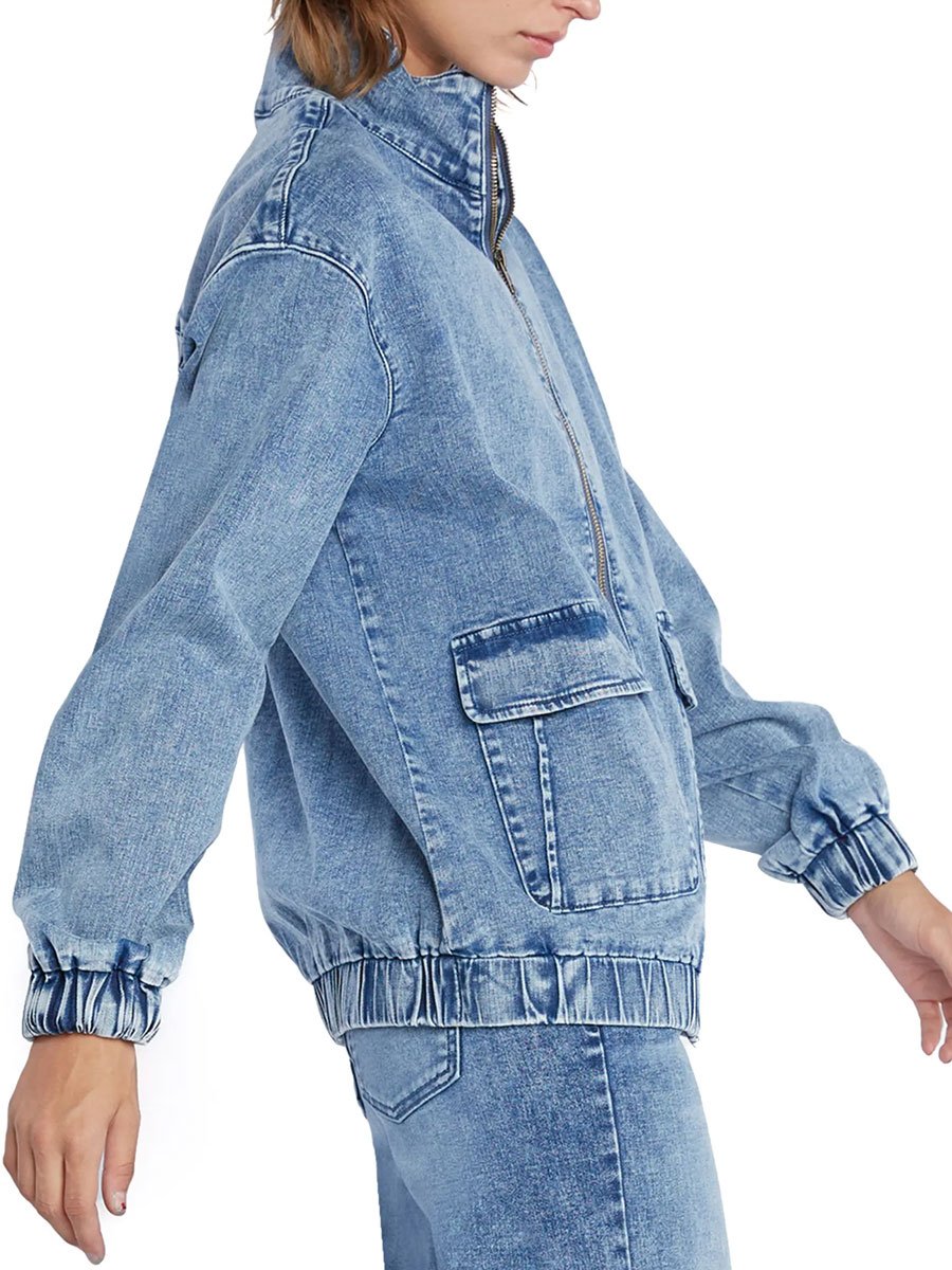 Casual Loose Pocket Zipper Vintage Denim Jacket