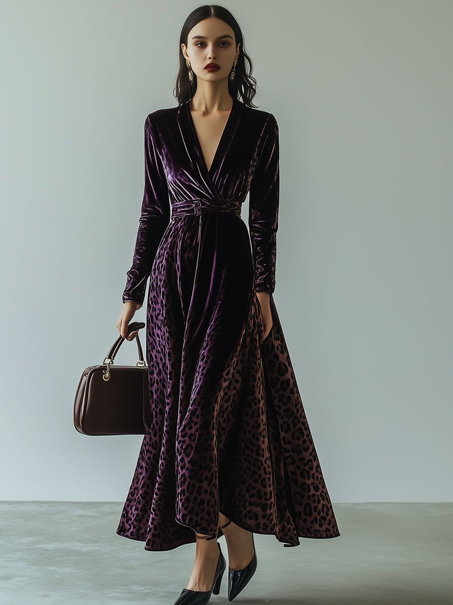 V-Neck Vintage Velvet Leopard Print Long-Sleeved Maxi Dress