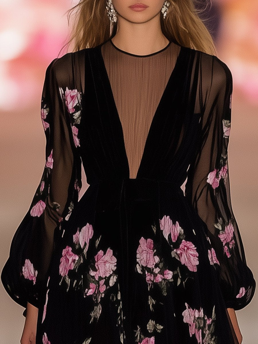 Romantic Illusion Neck Collar Printed Black Chiffon Puff Sleeve Maxi Dress