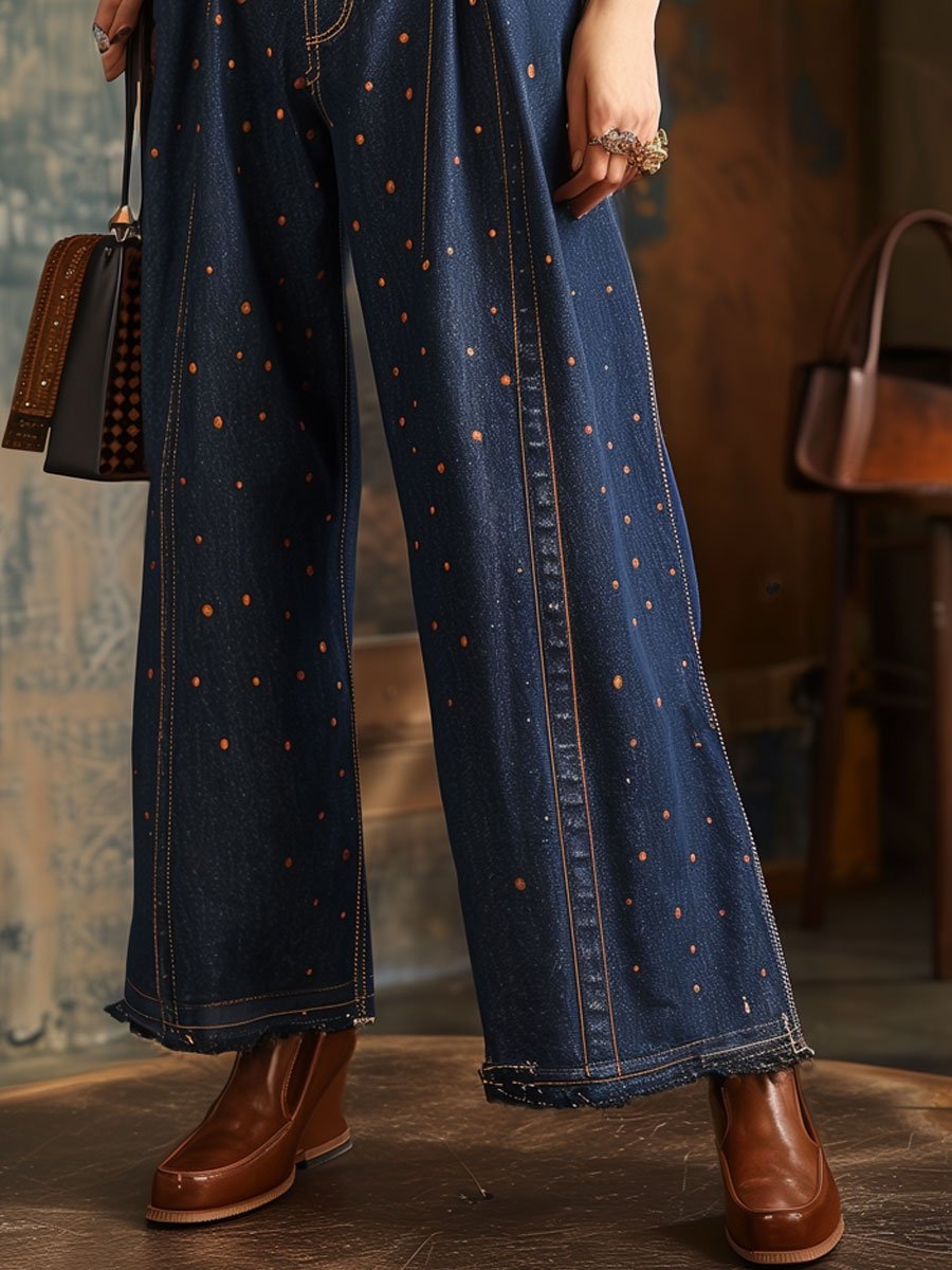 Casual Retro Polka Dot Ink Pocket Wide Leg Jeans