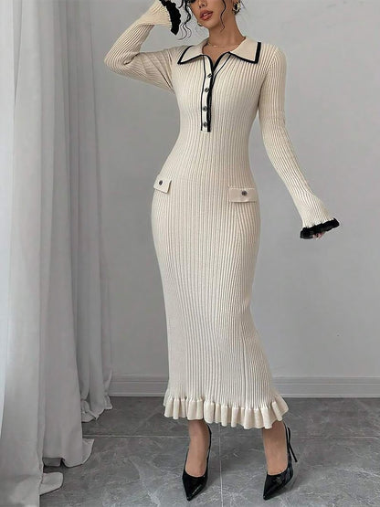 Exquisite And Fashionable Temperament Color Block Knitted Maxi Dress